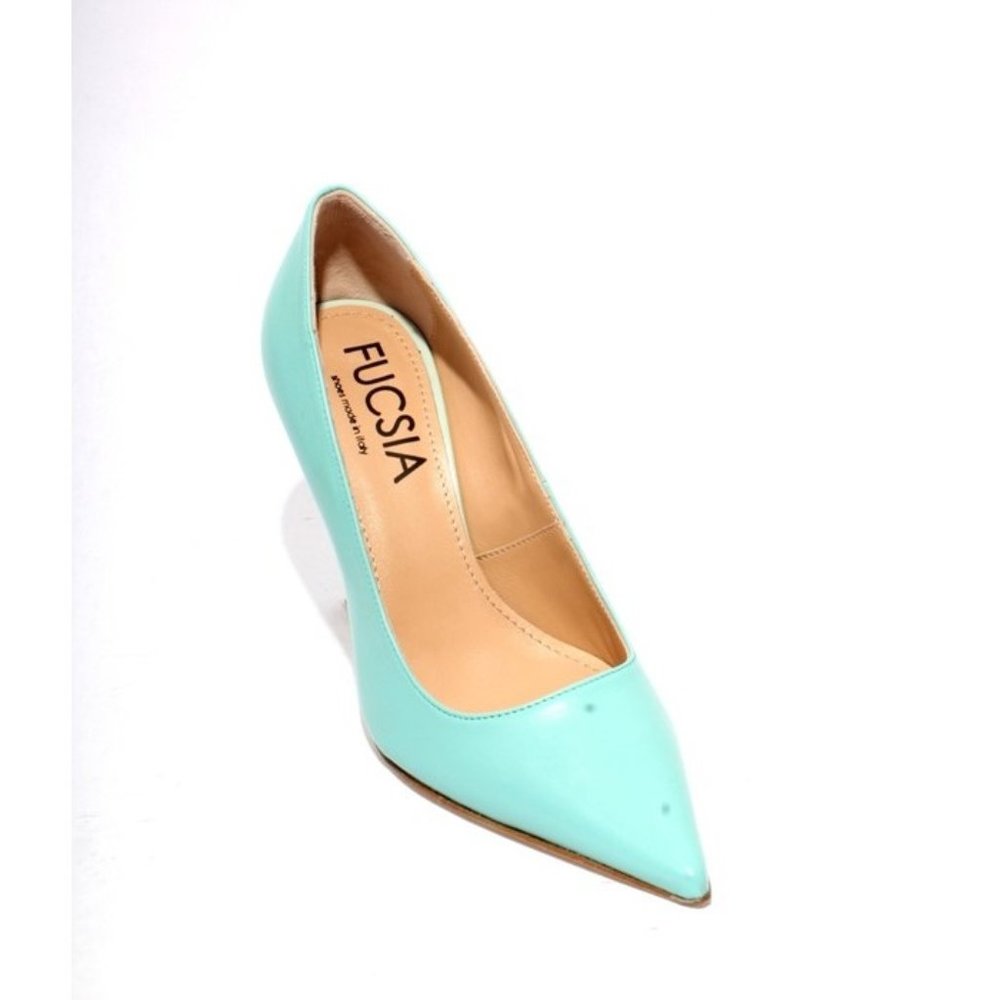 Fucsia 910 Mint Green Leather Pointy Classic Heel Shoes